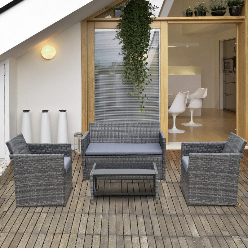 4pc PE Rattan Wicker Galvanized Steel Conversation Furniture Set w Cushions Outdoor Patio, Grey