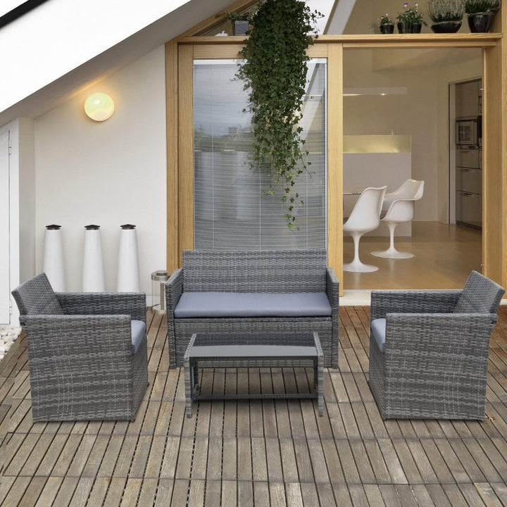 4pc PE Rattan Wicker Galvanized Steel Conversation Furniture Set w Cushions Outdoor Patio, Grey