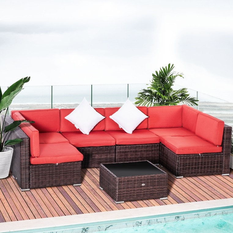 7pc PE Rattan Wicker Sectional Conversation Furniture w/ Cushions Outdoor Patio - Brown, Red