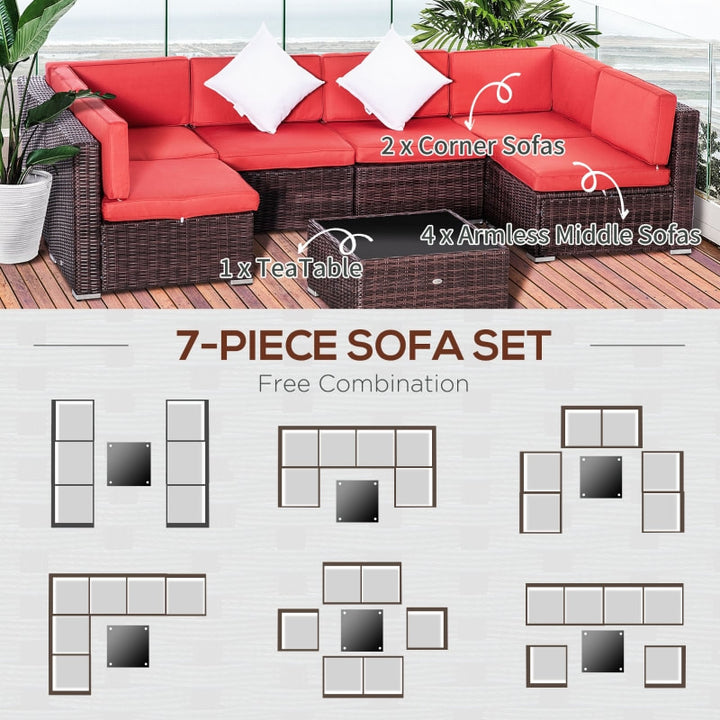 7pc PE Rattan Wicker Sectional Conversation Furniture w/ Cushions Outdoor Patio - Brown, Red