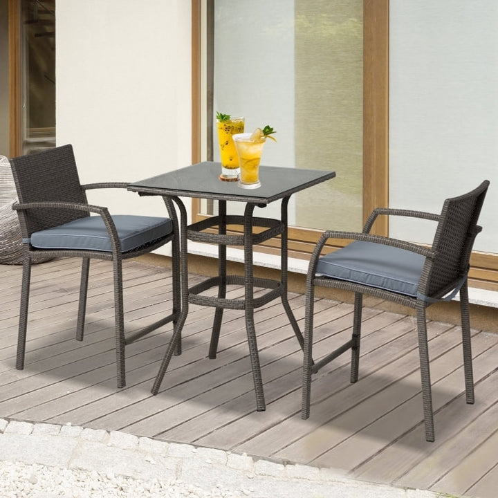 3pc PE Rattan Wicker Bistro Dining Bar Set Table & Chairs w Cushions Patio Deck, Grey, Lt Brown