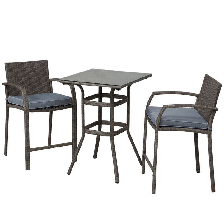 3pc PE Rattan Wicker Bistro Dining Bar Set Table & Chairs w Cushions Patio Deck, Grey, Lt Brown