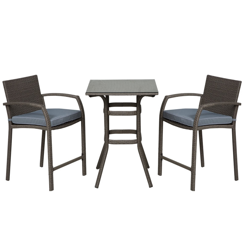 3pc PE Rattan Wicker Bistro Dining Bar Set Table & Chairs w Cushions Patio Deck, Grey, Lt Brown