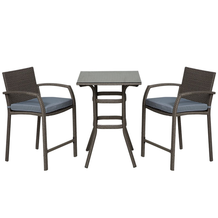 3pc PE Rattan Wicker Bistro Dining Bar Set Table & Chairs w Cushions Patio Deck, Grey, Lt Brown