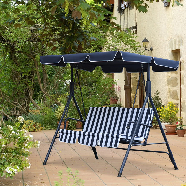 Outdoor 3-Seater Swing Lounger w/ Adjustable Canopy for Patio Backyard Garden Deck Blue & White