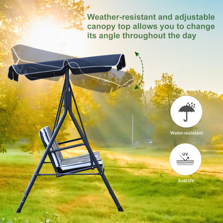 Outdoor 3-Seater Swing Lounger w/ Adjustable Canopy for Patio Backyard Garden Deck Blue & White