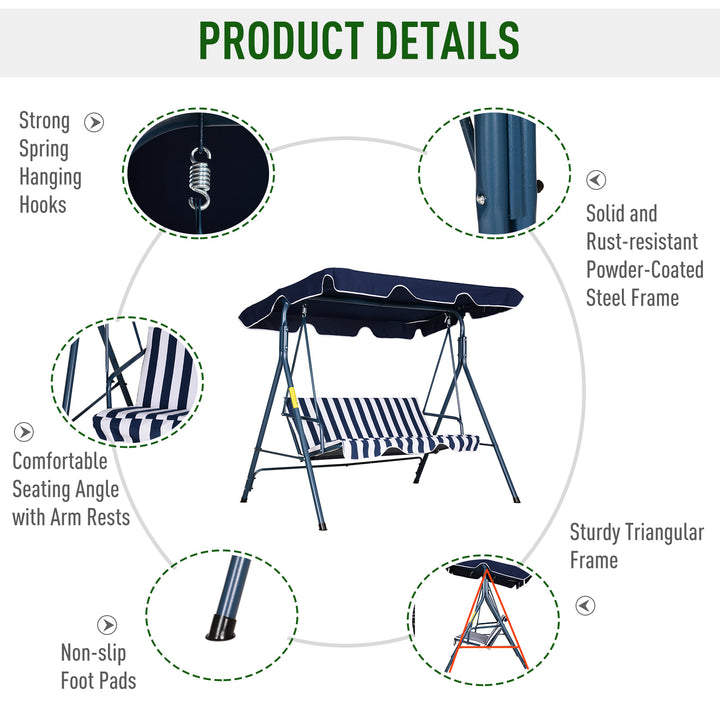 Outdoor 3-Seater Swing Lounger w/ Adjustable Canopy for Patio Backyard Garden Deck Blue & White