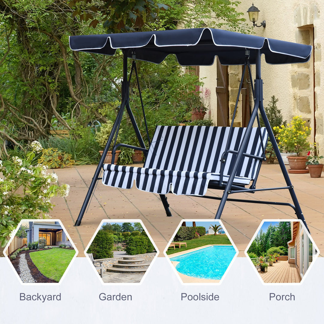 Outdoor 3-Seater Swing Lounger w/ Adjustable Canopy for Patio Backyard Garden Deck Blue & White