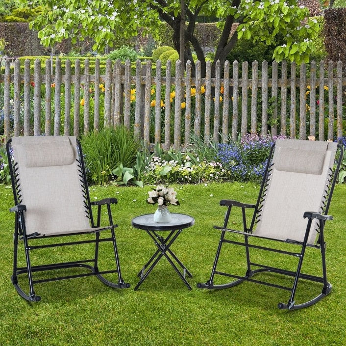 3pc Foldable Outdoor Rocking Mesh Bistro Lounger Set for Patio Pool Deck Garden - Cream Beige