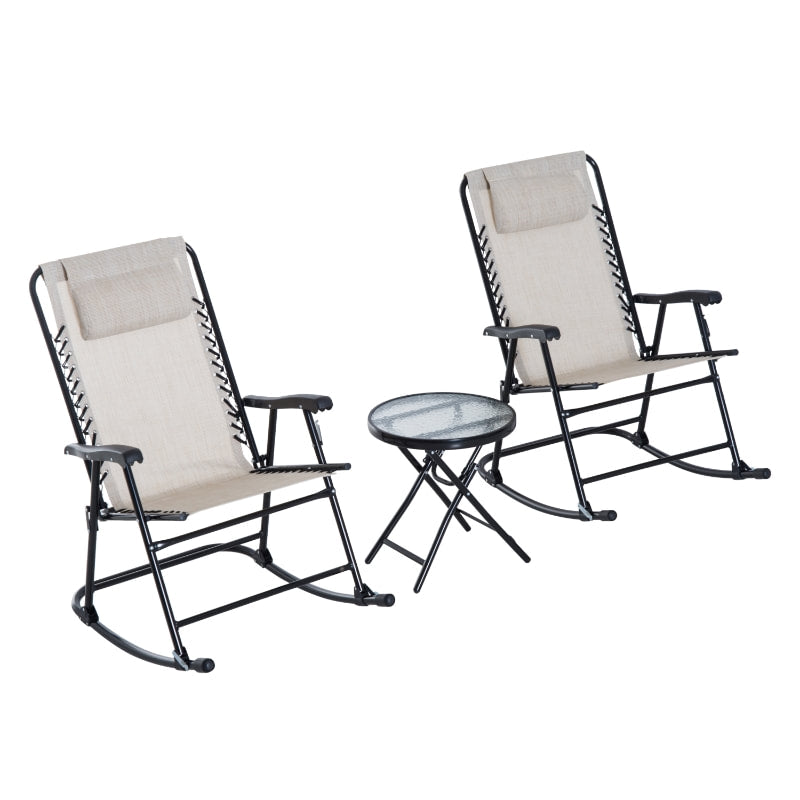 3pc Foldable Outdoor Rocking Mesh Bistro Lounger Set for Patio Pool Deck Garden - Cream Beige