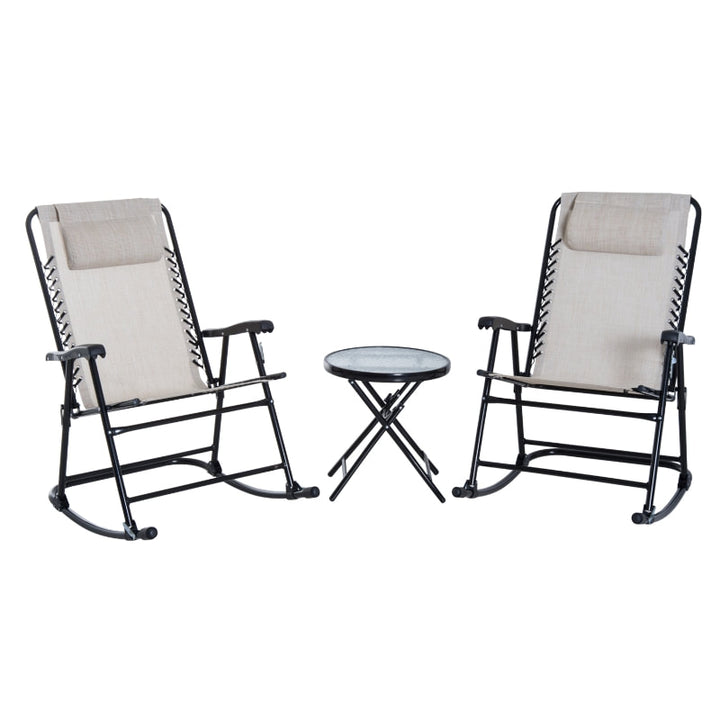 3pc Foldable Outdoor Rocking Mesh Bistro Lounger Set for Patio Pool Deck Garden - Cream Beige