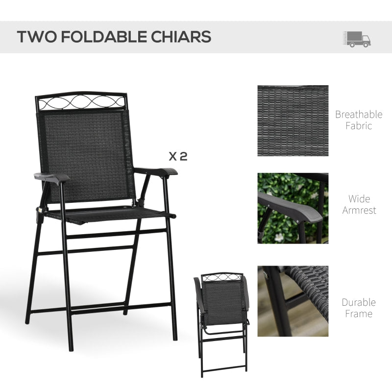 4pc Outdoor Dining Pub Set w 2 Folding Bar Chairs, Table, Umbrella for Patio Deck, Black, Brown