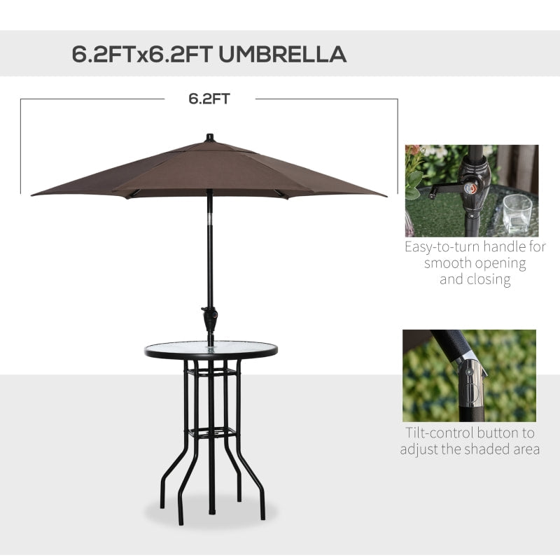 4pc Outdoor Dining Pub Set w 2 Folding Bar Chairs, Table, Umbrella for Patio Deck, Black, Brown