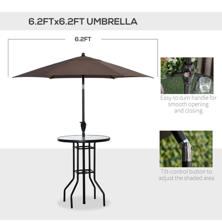 4pc Outdoor Dining Pub Set w 2 Folding Bar Chairs, Table, Umbrella for Patio Deck, Black, Brown