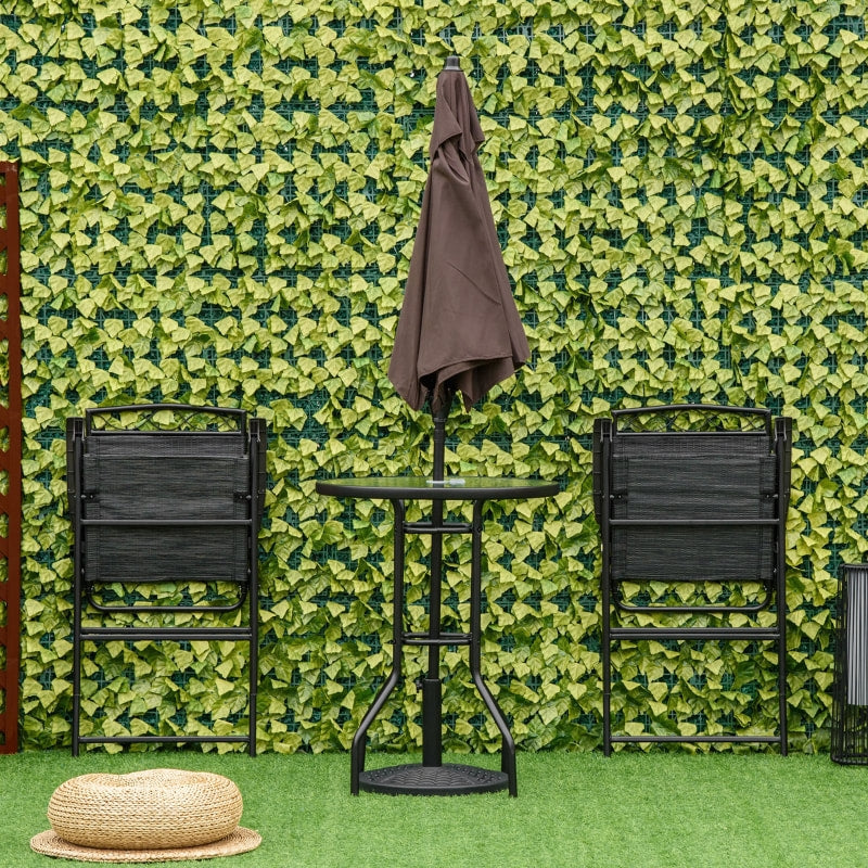 4pc Outdoor Dining Pub Set w 2 Folding Bar Chairs, Table, Umbrella for Patio Deck, Black, Brown