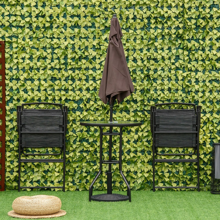 4pc Outdoor Dining Pub Set w 2 Folding Bar Chairs, Table, Umbrella for Patio Deck, Black, Brown