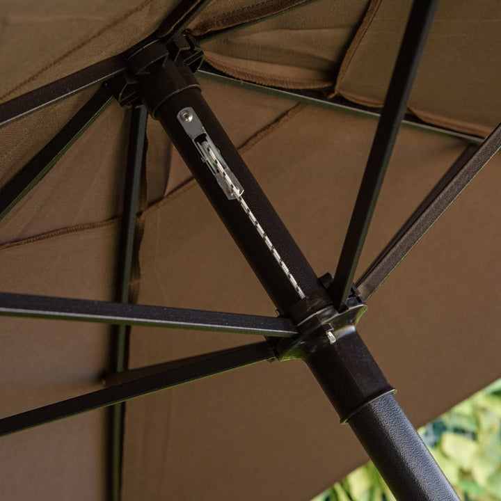 4pc Outdoor Dining Pub Set w 2 Folding Bar Chairs, Table, Umbrella for Patio Deck, Black, Brown