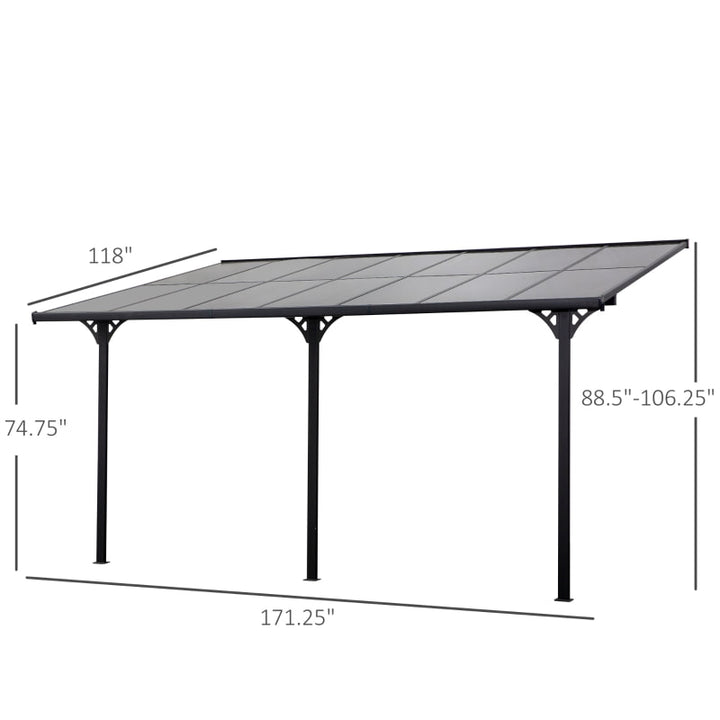 14.25' x 10' Sloped Aluminum PC Hardtop Adjustable Gazebo Pergola Awning Canopy Shelter, Grey
