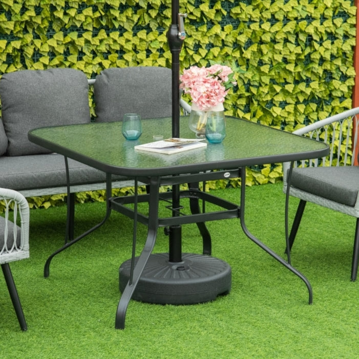 42" Square Glass-Top Steel Outdoor Dining Table w Umbrella Hole for Patio Deck Garden, Black