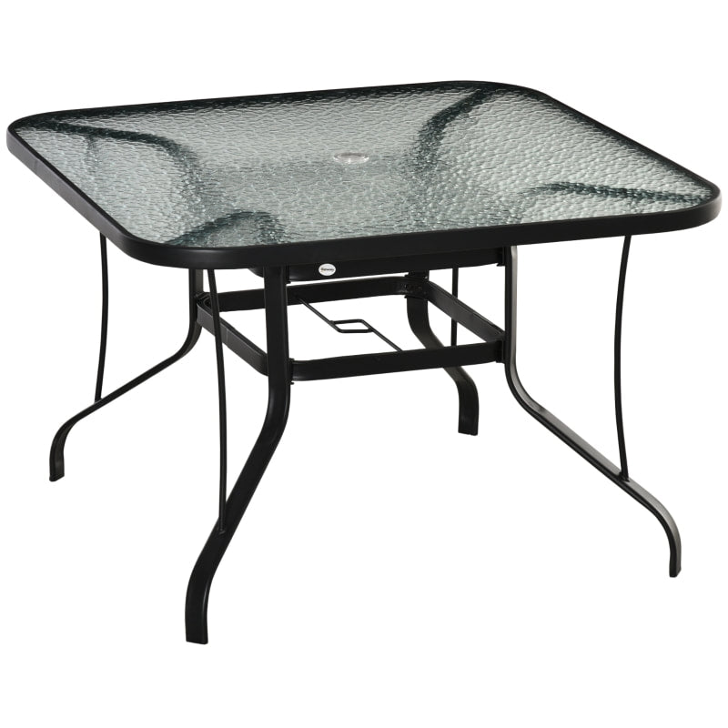 42" Square Glass-Top Steel Outdoor Dining Table w Umbrella Hole for Patio Deck Garden, Black