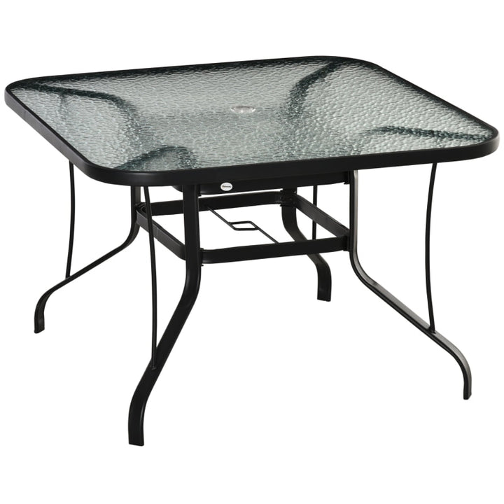 42" Square Glass-Top Steel Outdoor Dining Table w Umbrella Hole for Patio Deck Garden, Black