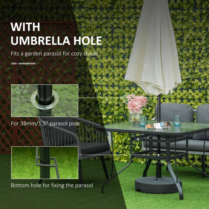 42" Square Glass-Top Steel Outdoor Dining Table w Umbrella Hole for Patio Deck Garden, Black