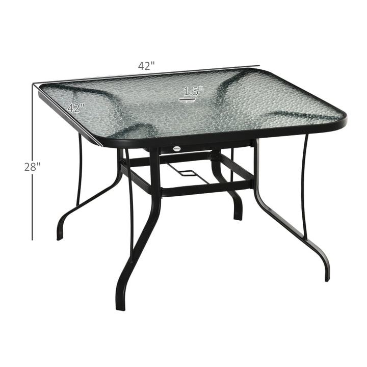 42" Square Glass-Top Steel Outdoor Dining Table w Umbrella Hole for Patio Deck Garden, Black