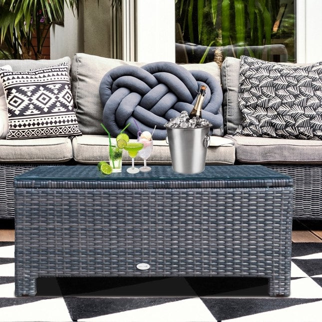 PE Rattan Wicker Coffee Side Table w Glass Top for Outdoor Dining Patio Deck Furniture - Brown