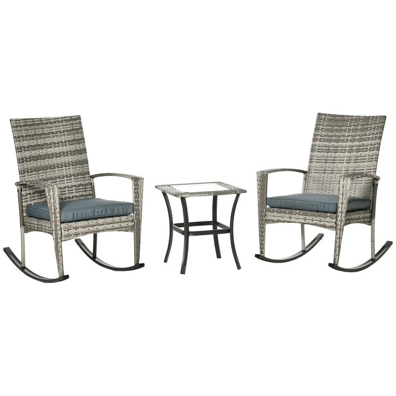 3pc PE Rattan Wicker Bistro Dining Set w Table, 2 Rocking Chairs, Cushions Outdoor Patio, Grey