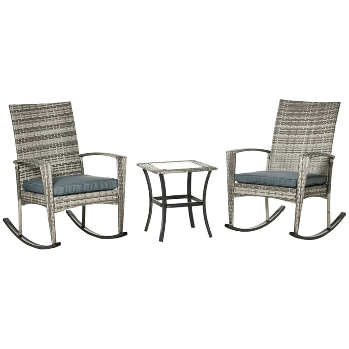 3pc PE Rattan Wicker Bistro Dining Set w Table, 2 Rocking Chairs, Cushions Outdoor Patio, Grey