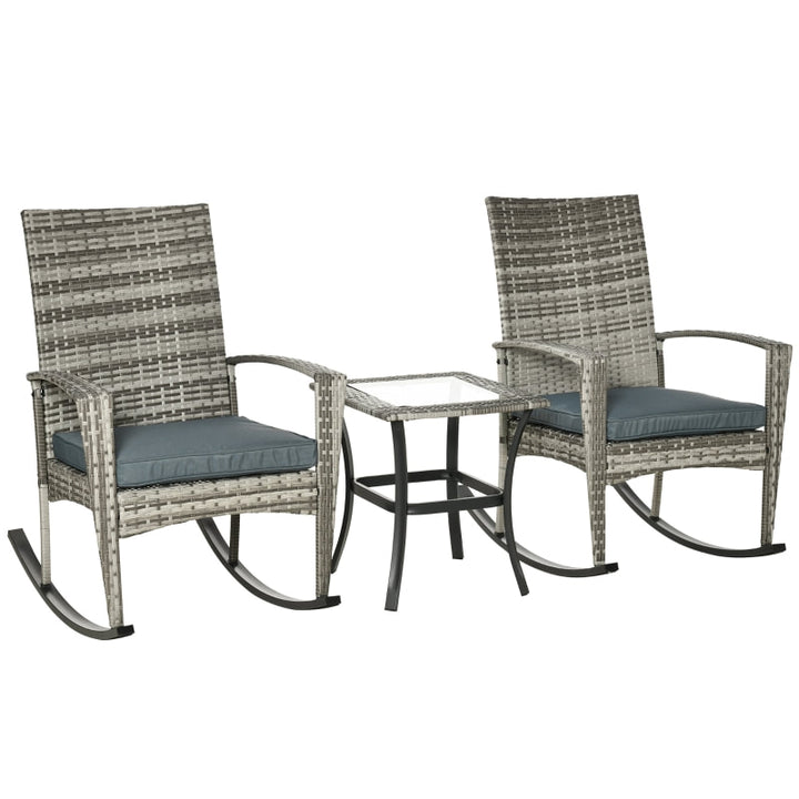 3pc PE Rattan Wicker Bistro Dining Set w Table, 2 Rocking Chairs, Cushions Outdoor Patio, Grey