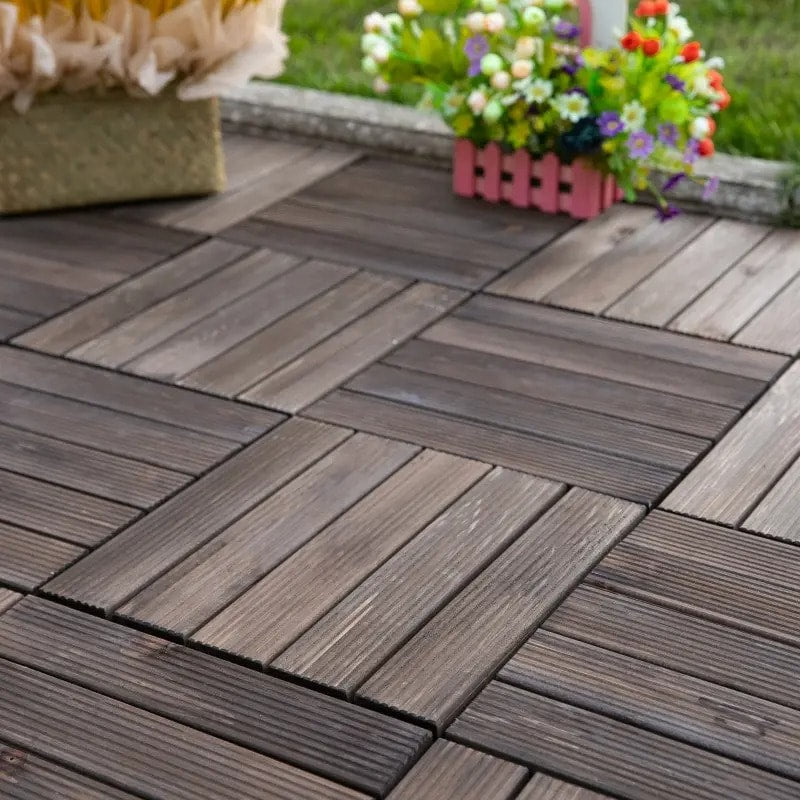 27pc Solid Fir Wood DIY Interlocking Patio Deck Floor Tiles for Indoor or Outdoor, Dark Brown