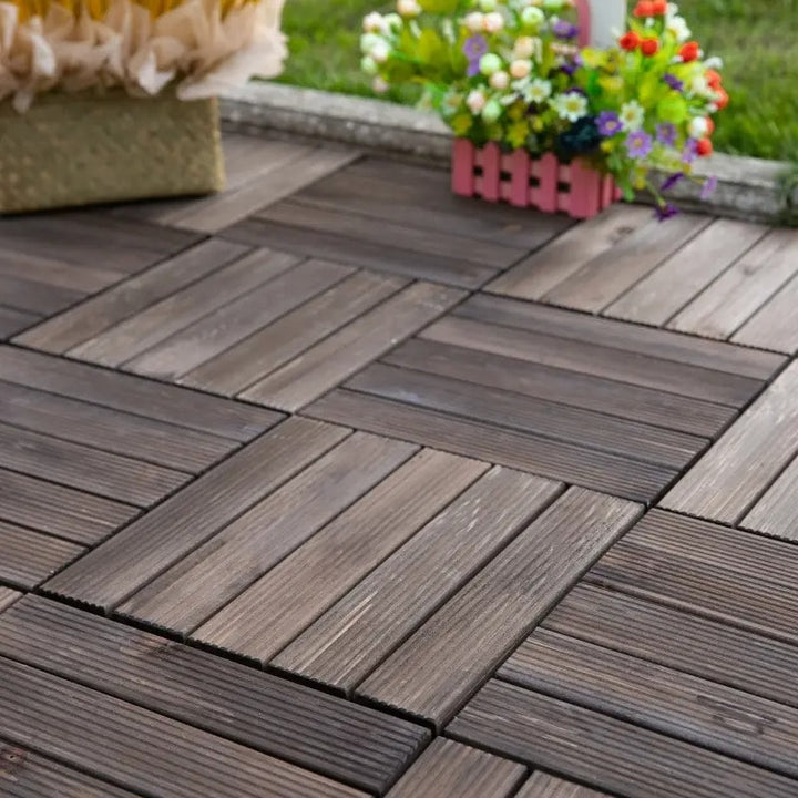 27pc Solid Fir Wood DIY Interlocking Patio Deck Floor Tiles for Indoor or Outdoor, Dark Brown