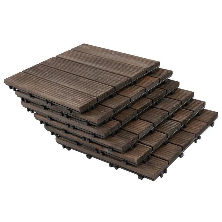 27pc Solid Fir Wood DIY Interlocking Patio Deck Floor Tiles for Indoor or Outdoor, Dark Brown