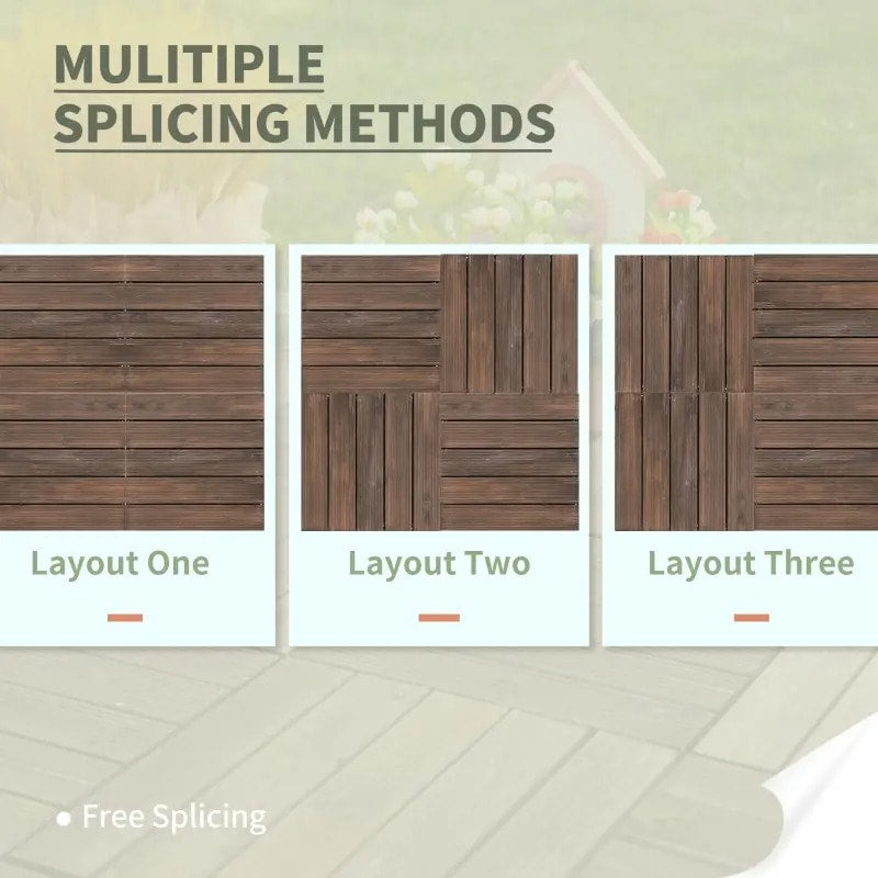 27pc Solid Fir Wood DIY Interlocking Patio Deck Floor Tiles for Indoor or Outdoor, Dark Brown
