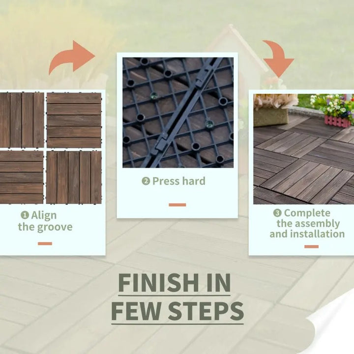 27pc Solid Fir Wood DIY Interlocking Patio Deck Floor Tiles for Indoor or Outdoor, Dark Brown