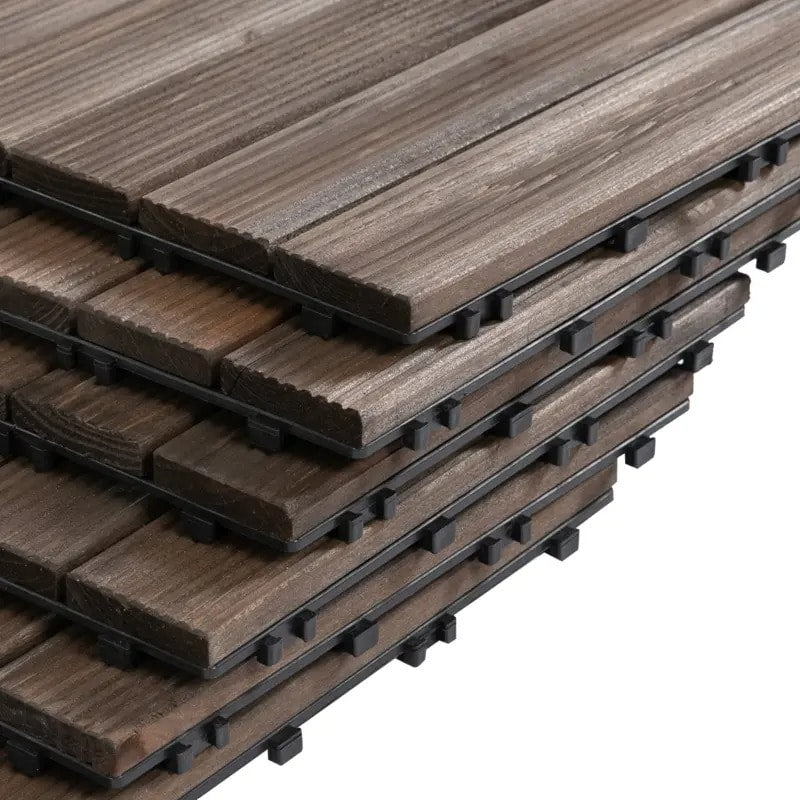 27pc Solid Fir Wood DIY Interlocking Patio Deck Floor Tiles for Indoor or Outdoor, Dark Brown