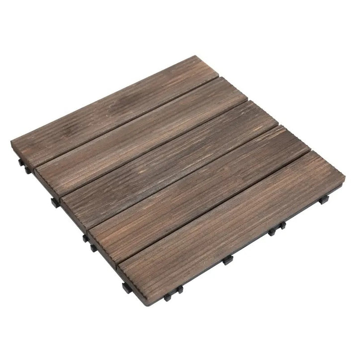27pc Solid Fir Wood DIY Interlocking Patio Deck Floor Tiles for Indoor or Outdoor, Dark Brown