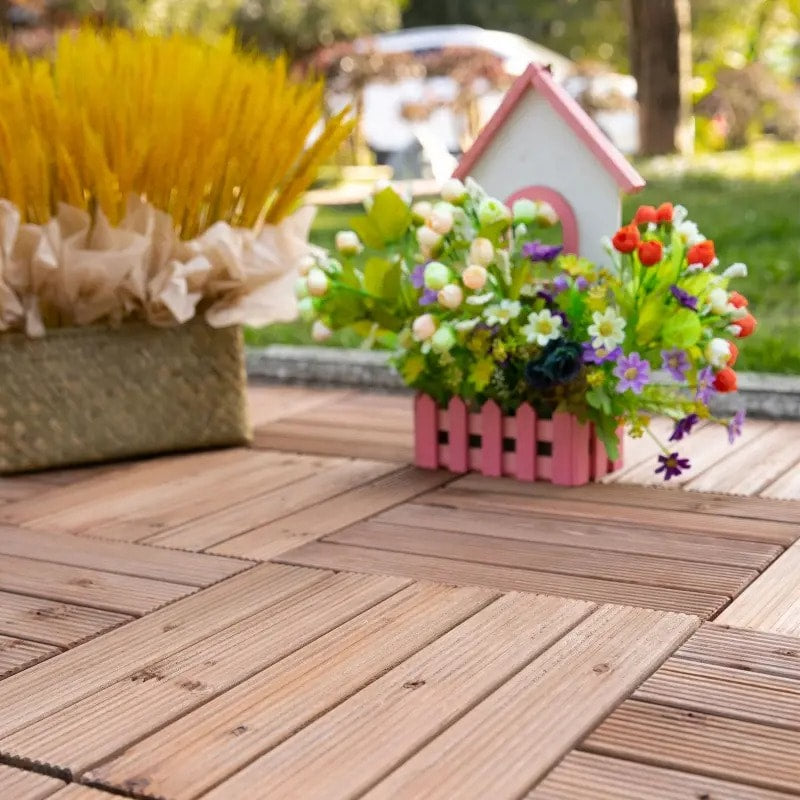 27pc Solid Fir Wood DIY Interlocking Patio Deck Floor Tiles for Indoor or Outdoor, Light Brown