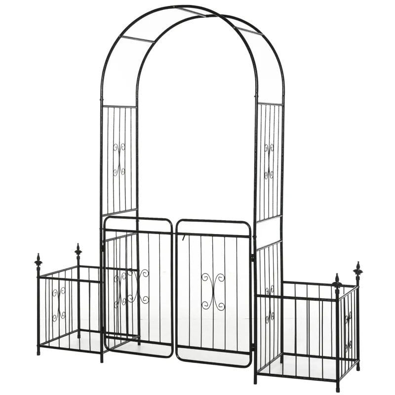 7.25ft Decorative Metal Garden Arbor Arch Pergola Trellis w Planter Boxes, Vines Wedding, Black