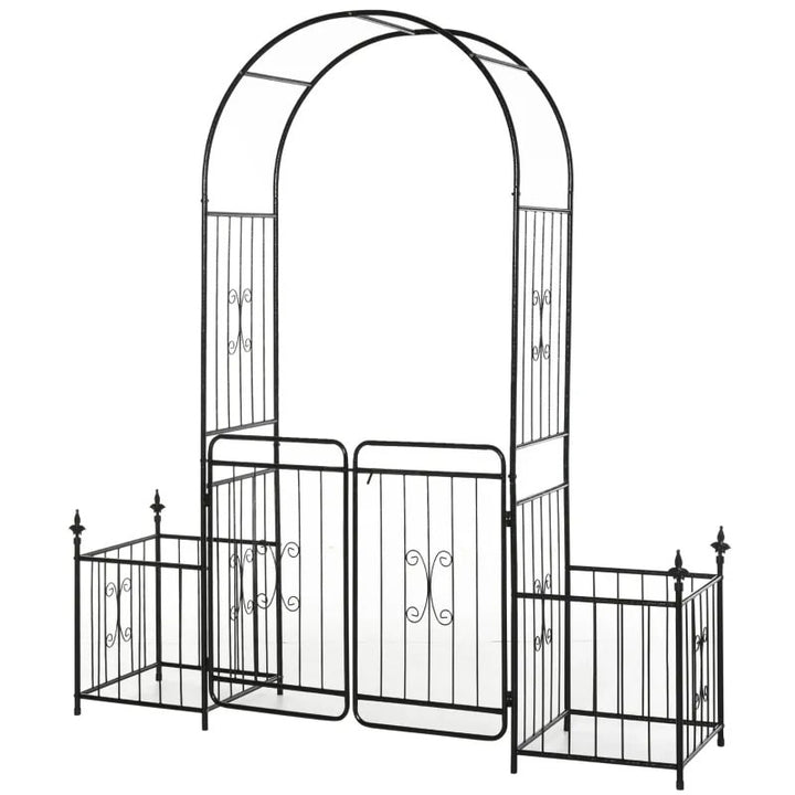 7.25ft Decorative Metal Garden Arbor Arch Pergola Trellis w Planter Boxes, Vines Wedding, Black