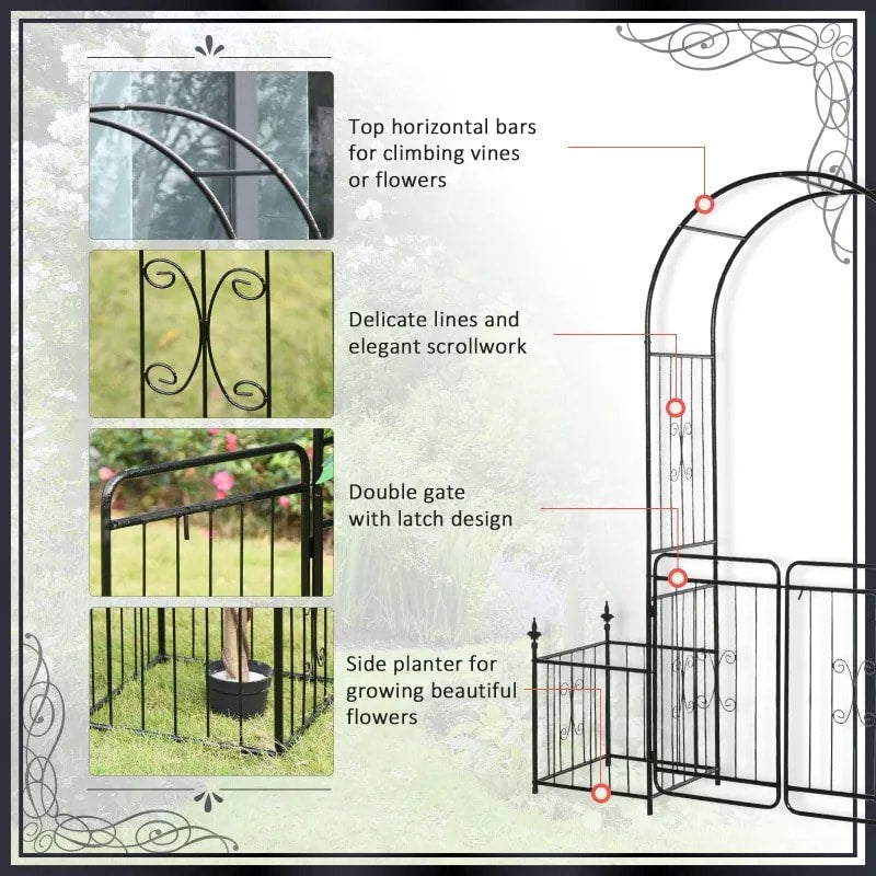 7.25ft Decorative Metal Garden Arbor Arch Pergola Trellis w Planter Boxes, Vines Wedding, Black