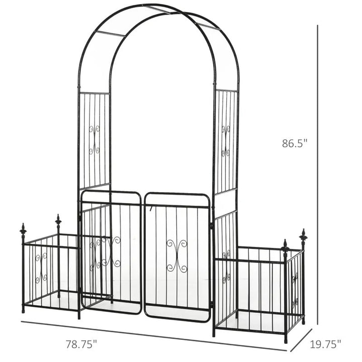 7.25ft Decorative Metal Garden Arbor Arch Pergola Trellis w Planter Boxes, Vines Wedding, Black