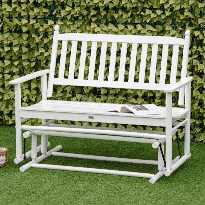 Poplar Wood 2 Seater Glider Porch Swing Bench Loveseat for Outdoor Patio Deck Garden - White