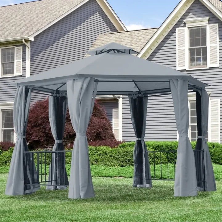 13' Hexagonal Gazebo Canopy Shelter, Tiered Fabric Roof, Rails, Curtains, Netting, Black & Grey