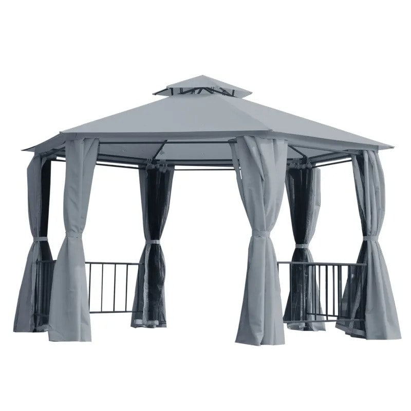 13' Hexagonal Gazebo Canopy Shelter, Tiered Fabric Roof, Rails, Curtains, Netting, Black & Grey