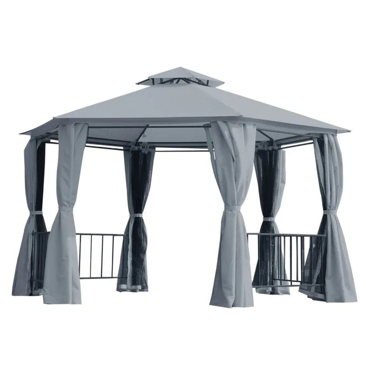 13' Hexagonal Gazebo Canopy Shelter, Tiered Fabric Roof, Rails, Curtains, Netting, Black & Grey