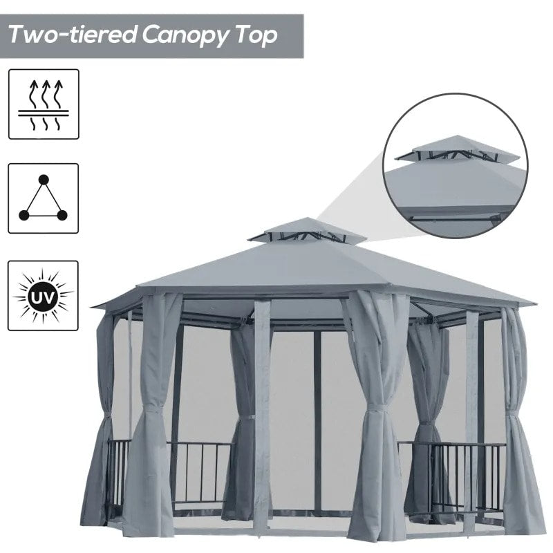 13' Hexagonal Gazebo Canopy Shelter, Tiered Fabric Roof, Rails, Curtains, Netting, Black & Grey