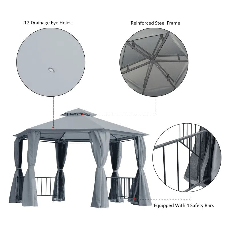 13' Hexagonal Gazebo Canopy Shelter, Tiered Fabric Roof, Rails, Curtains, Netting, Black & Grey