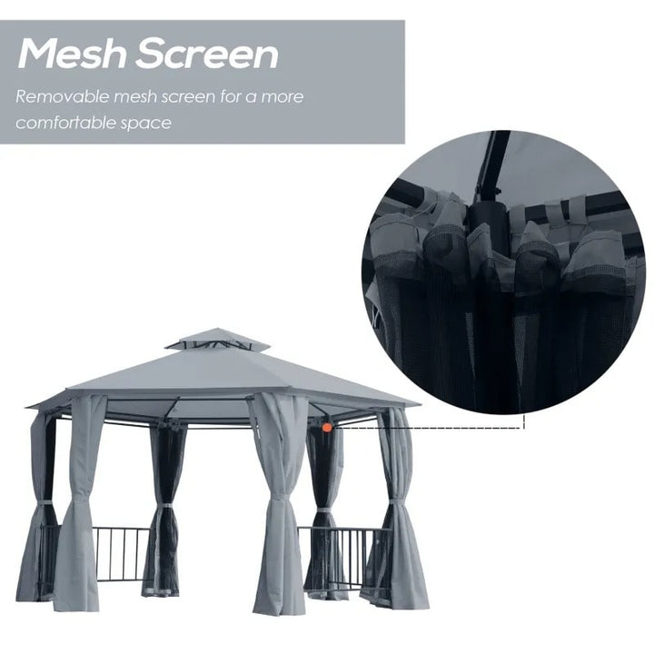 13' Hexagonal Gazebo Canopy Shelter, Tiered Fabric Roof, Rails, Curtains, Netting, Black & Grey